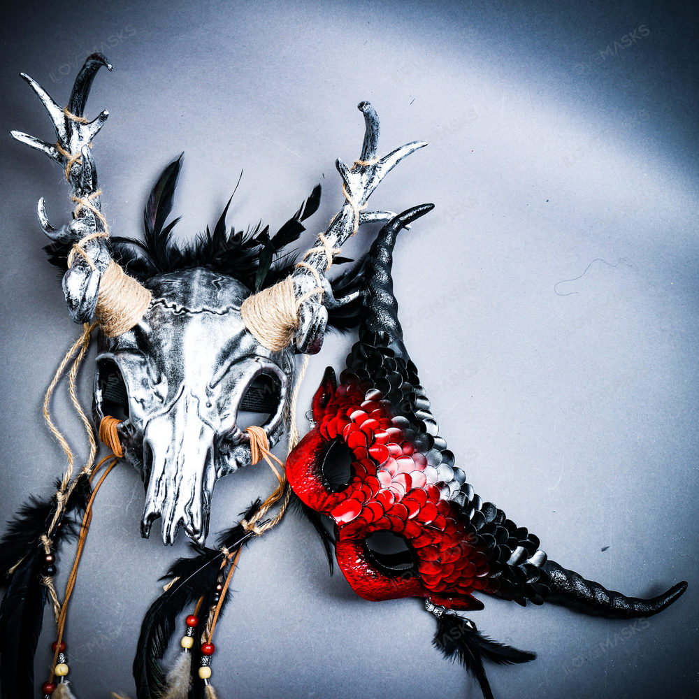 Animal Deer Horns Devil Masquerade Party Mask w/ Women Long Horns RED Mask